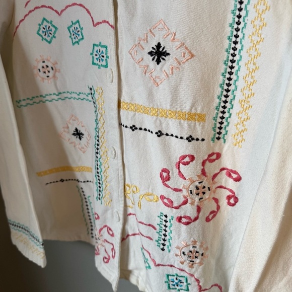 BFA Classics White Cottagecore Embroidered Denim Lightwt Button Up Jacket SZ L - Picture 5 of 6